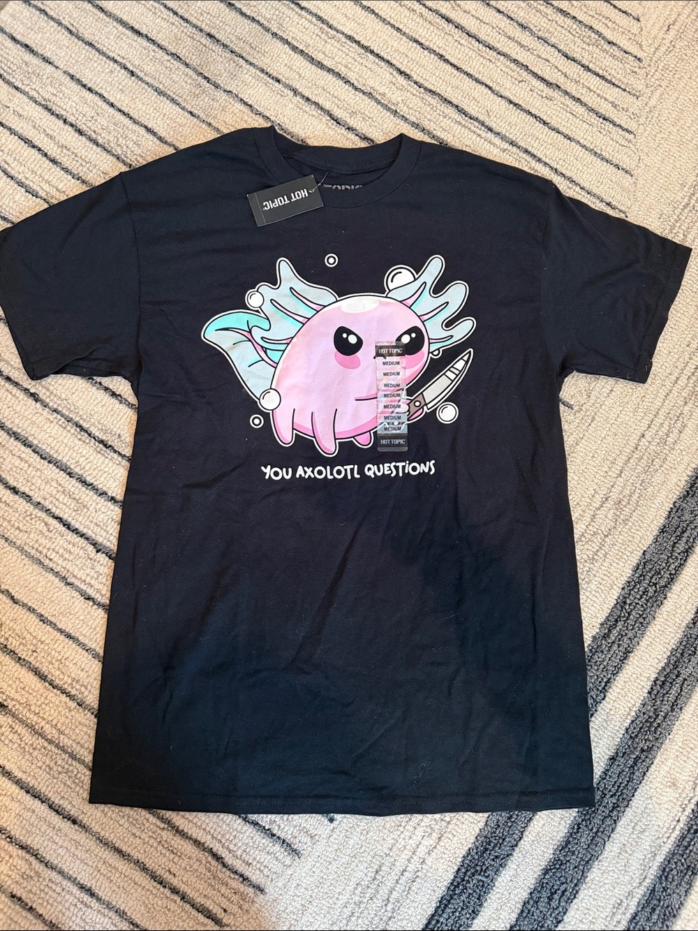 Hot Topic Black Tee with Pink Axolotl Graphic “You Axolotl Questions” NWT M